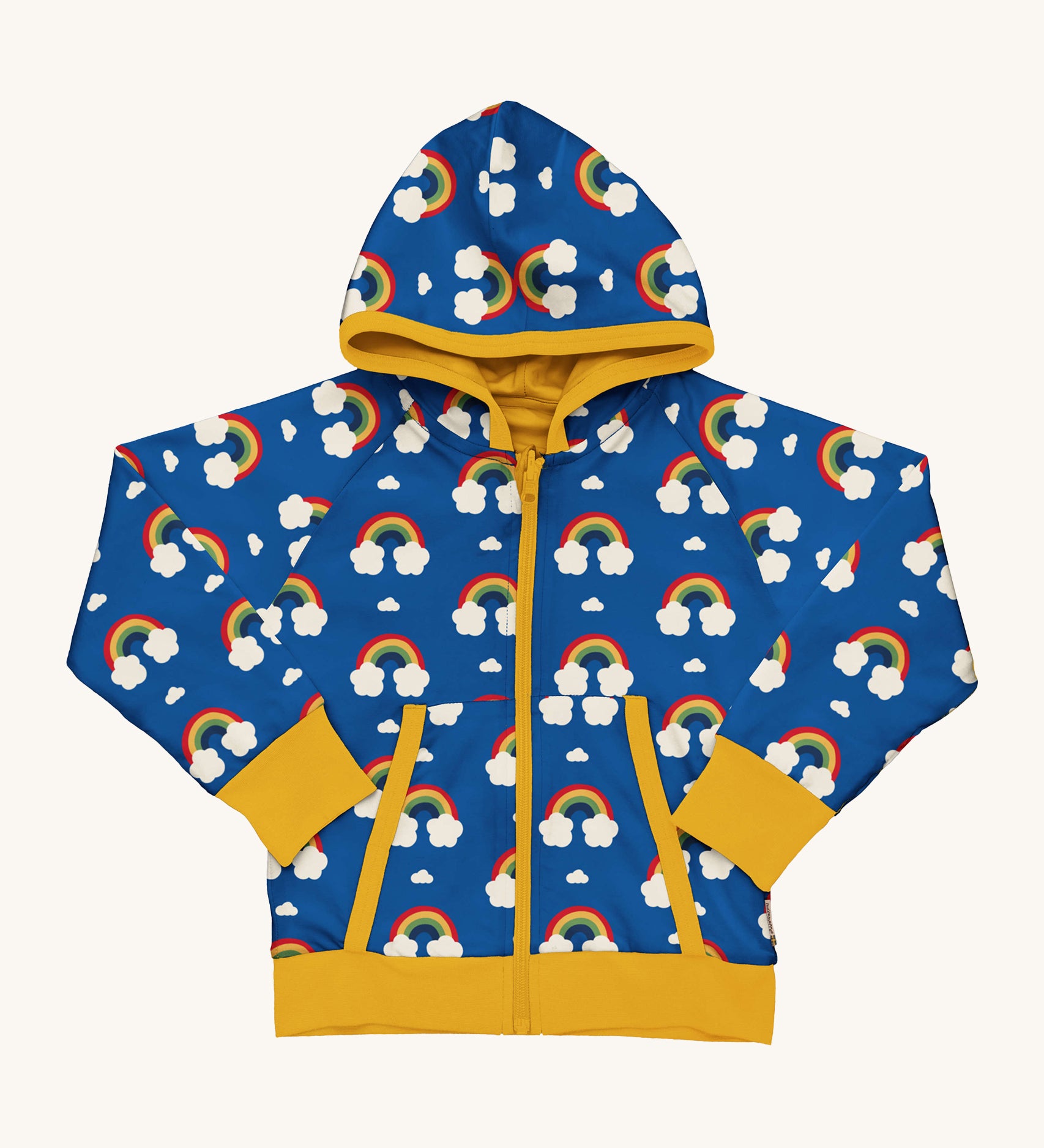 Maxomorra Organic Cotton Rainbow Reversible Zip Hoodie in blue fabric with colourful rainbow print, yellow piping, yellow wrist cuffs and waist band, and a yellow inner