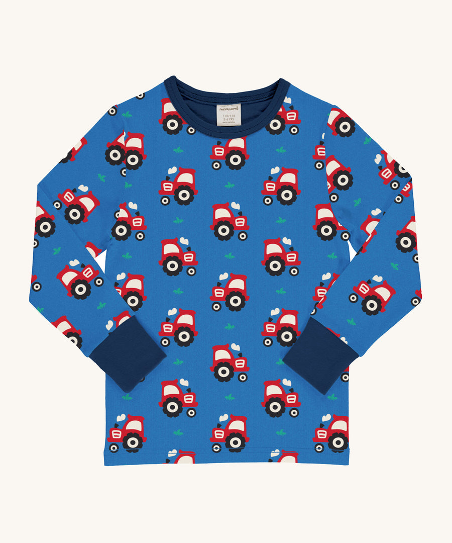 Maxomorra Organic Cotton Tractor Long Sleeved Children's Top is blue with a repeat red tractor print, and contrasting navy elasticated cuffs and neck trim