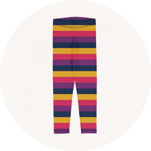 Maxomorra pink stripe leggings on cream background to represent Maxomorra leggings at Babipur.