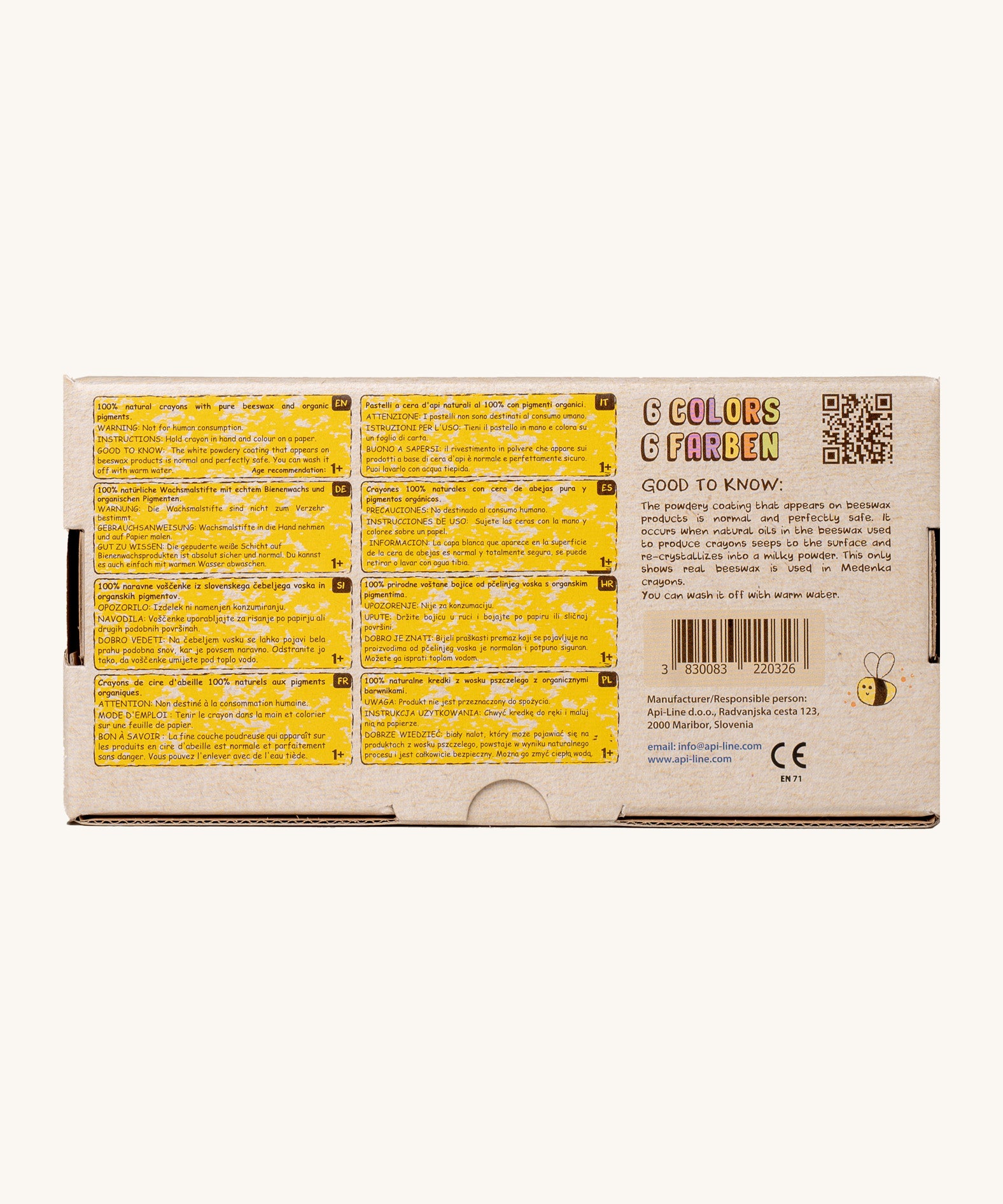 The back of the Medenka junior beeswax crayons cardboard box, with the product information.