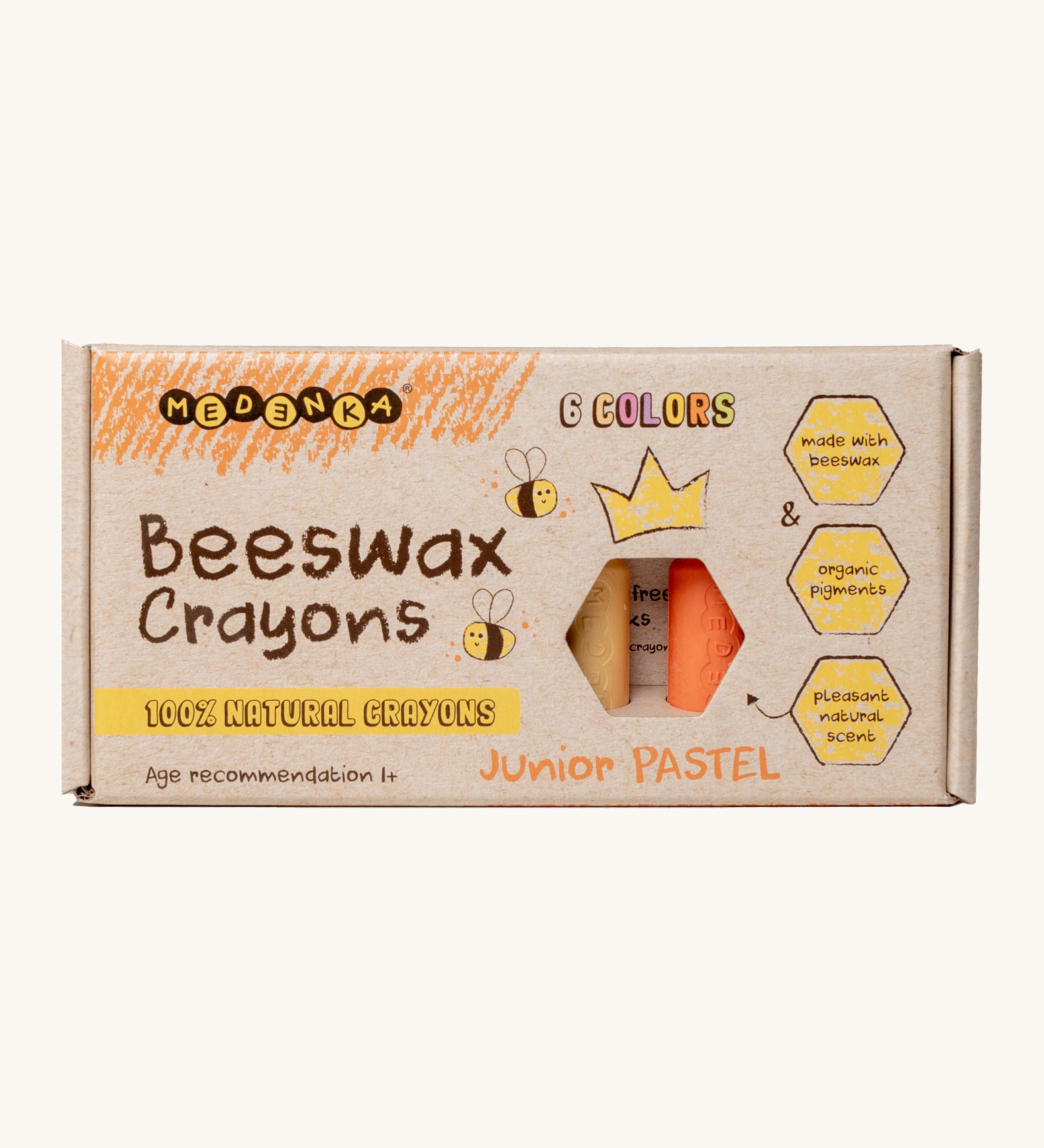 Medenka junior pastel beeswax crayons in their cardboard box packaging.