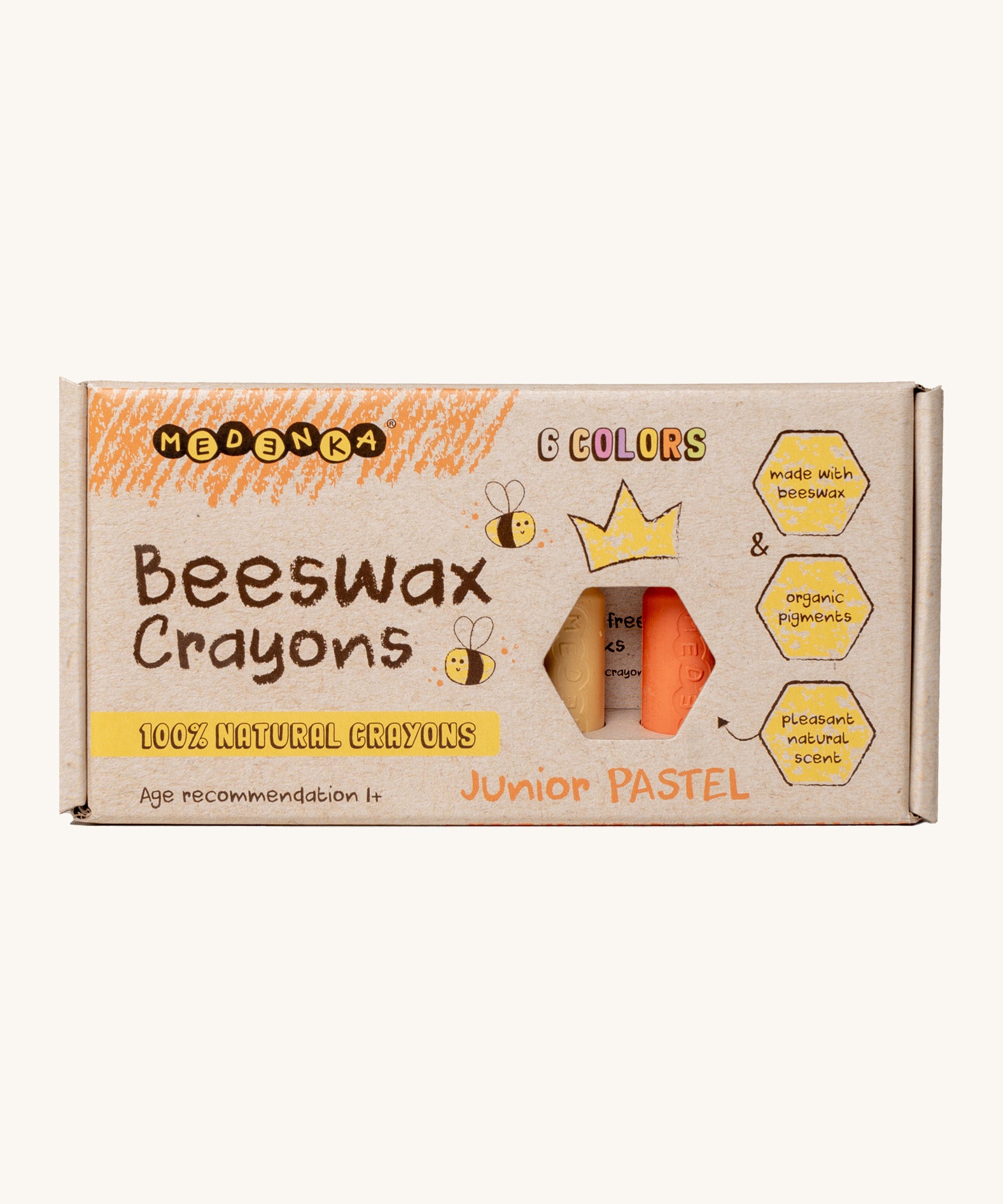 Medenka junior pastel beeswax crayons in their cardboard box packaging.