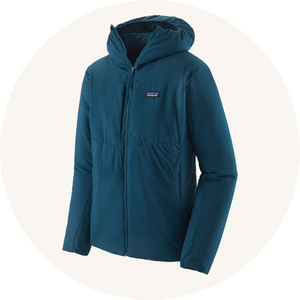 Patagonia teal hoody on cream background to represent men's coats and jackets at Babipur.