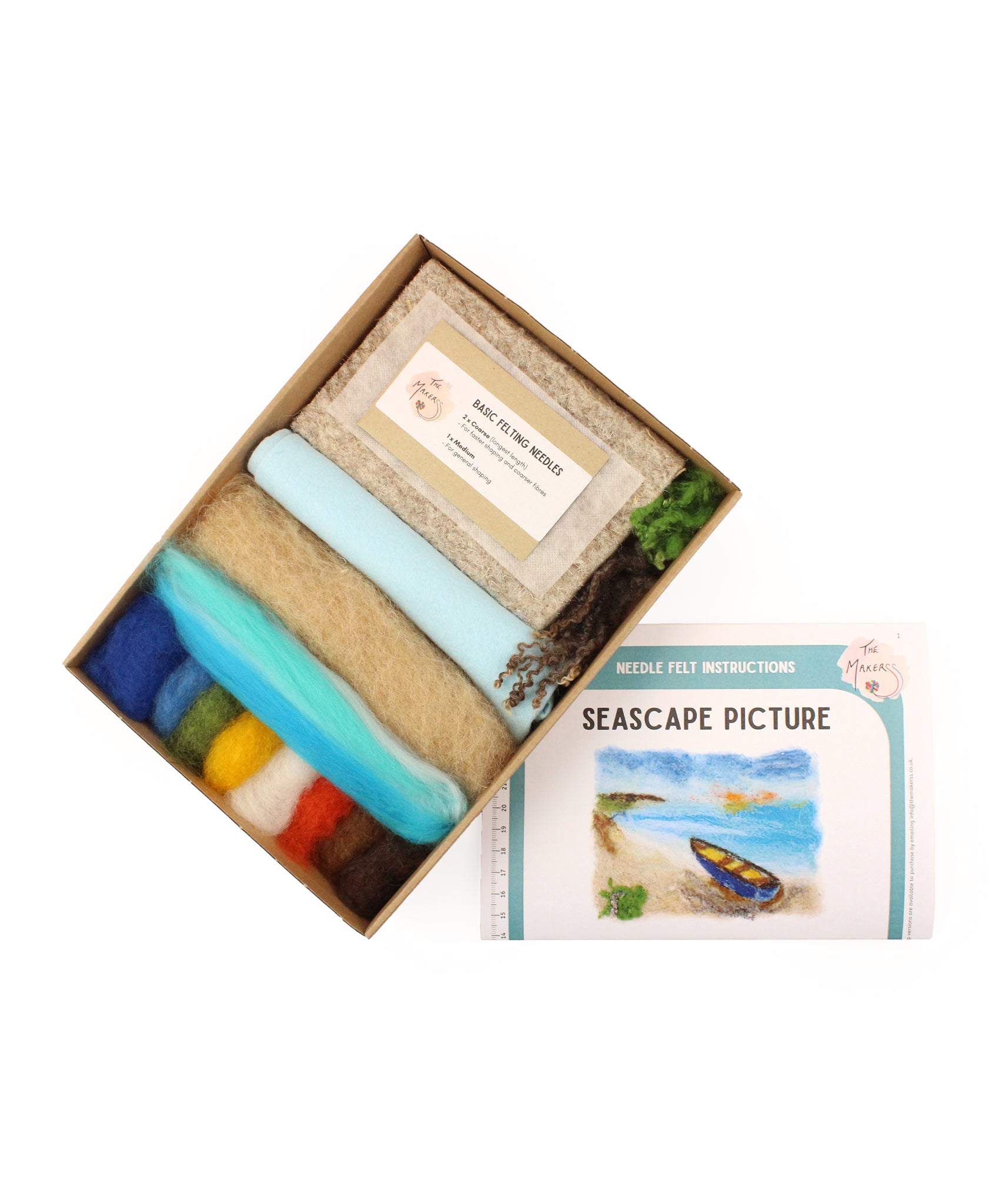 The Makerss - Seascape Picture Needle Felt Kit Contents. Includes Felting needles, felt, needle felt instructions and guide