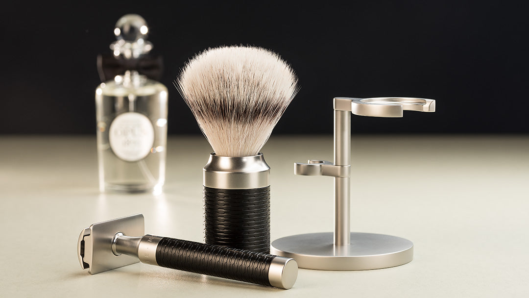 Muhle stainless steel razor with a beard brush and stand