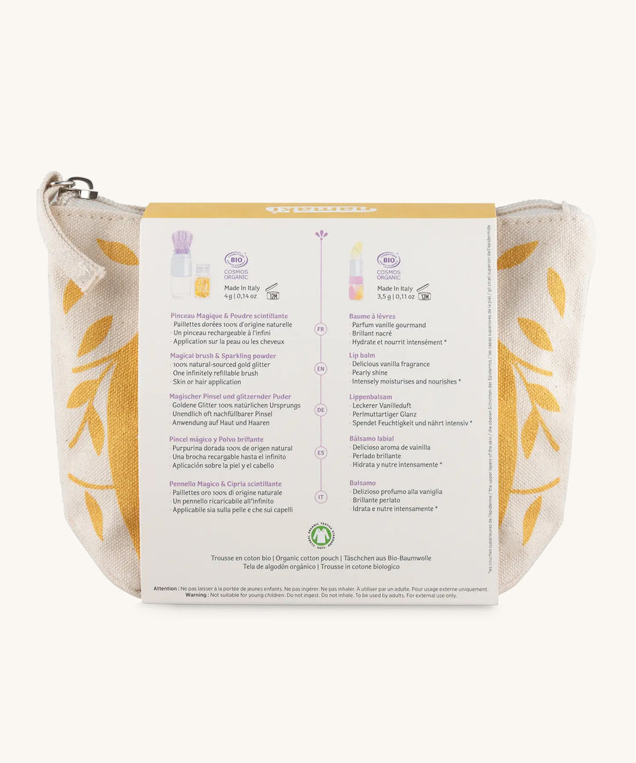 The back of the Namaki Gold Fox Sparkling Pouch showing the ingredients and information about the make up products