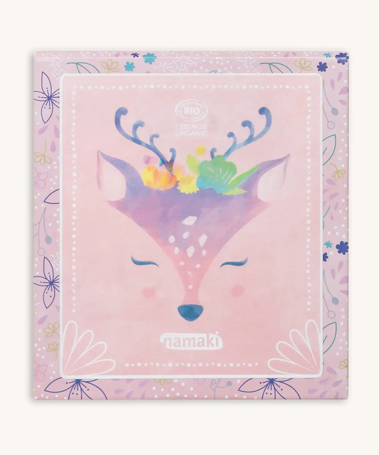 Namaki Natural Eyeshadow Pallet - Fawn. The image shows the outer part of the box, with a watercolour fawn on the front and flowers. The image is on a cream background