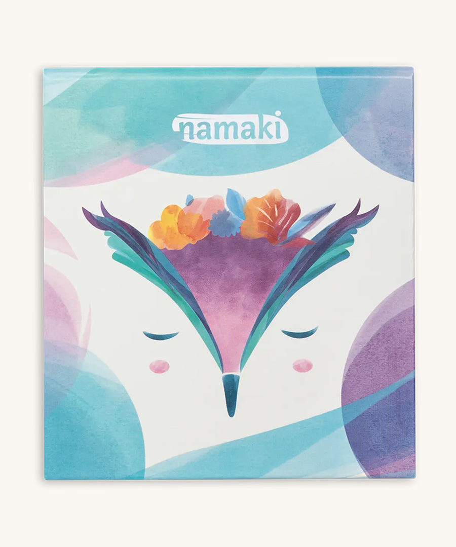 The closed pallet of the Namaki Natural Eyeshadow Pallet - Owl, with a beautiful watercolour owl on the front of the box