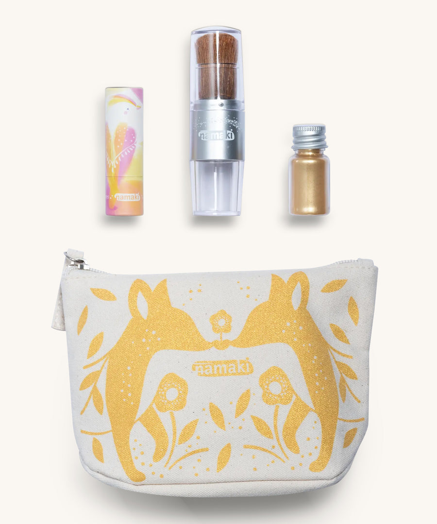 The Namaki Gold Fox Sparkling Pouch, showing the pouch underneath the make up