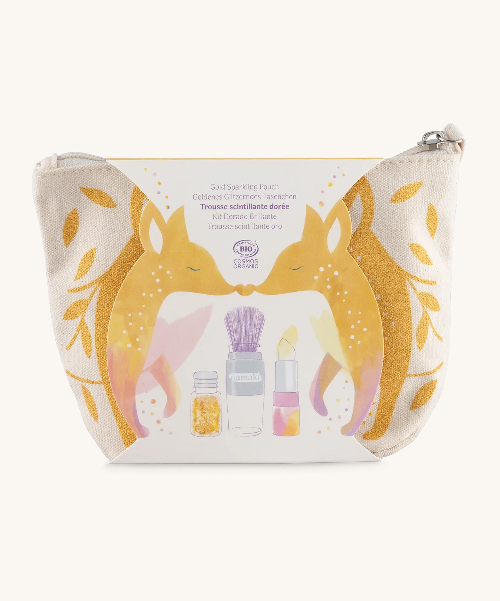 Namaki Gold Fox Sparkling Pouch, on a cream background