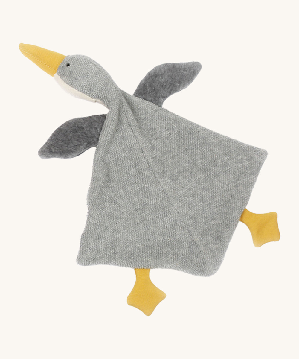 Nanchen Baby Comforter - Grey Goose. A beautifully handmade and soft grey goose comforter toy with a yellow beak and two yellow feet, on a cream background.