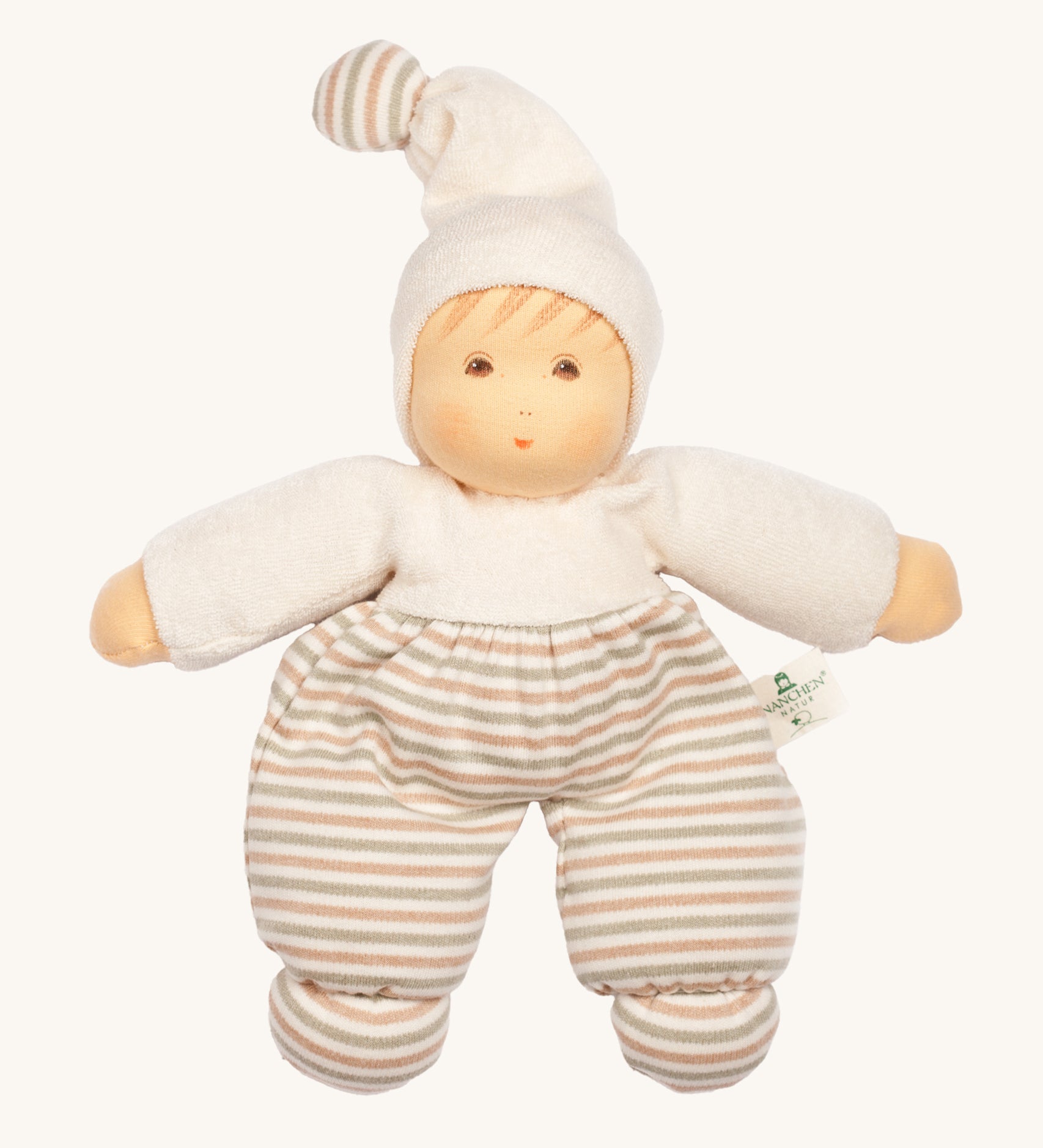 Nanchen Möpschen Waldorf Doll - Nature Stripes. A beautiful hand crafted doll with a white top and hat, a striped pair of trousers and a striped bobble on top of the hat