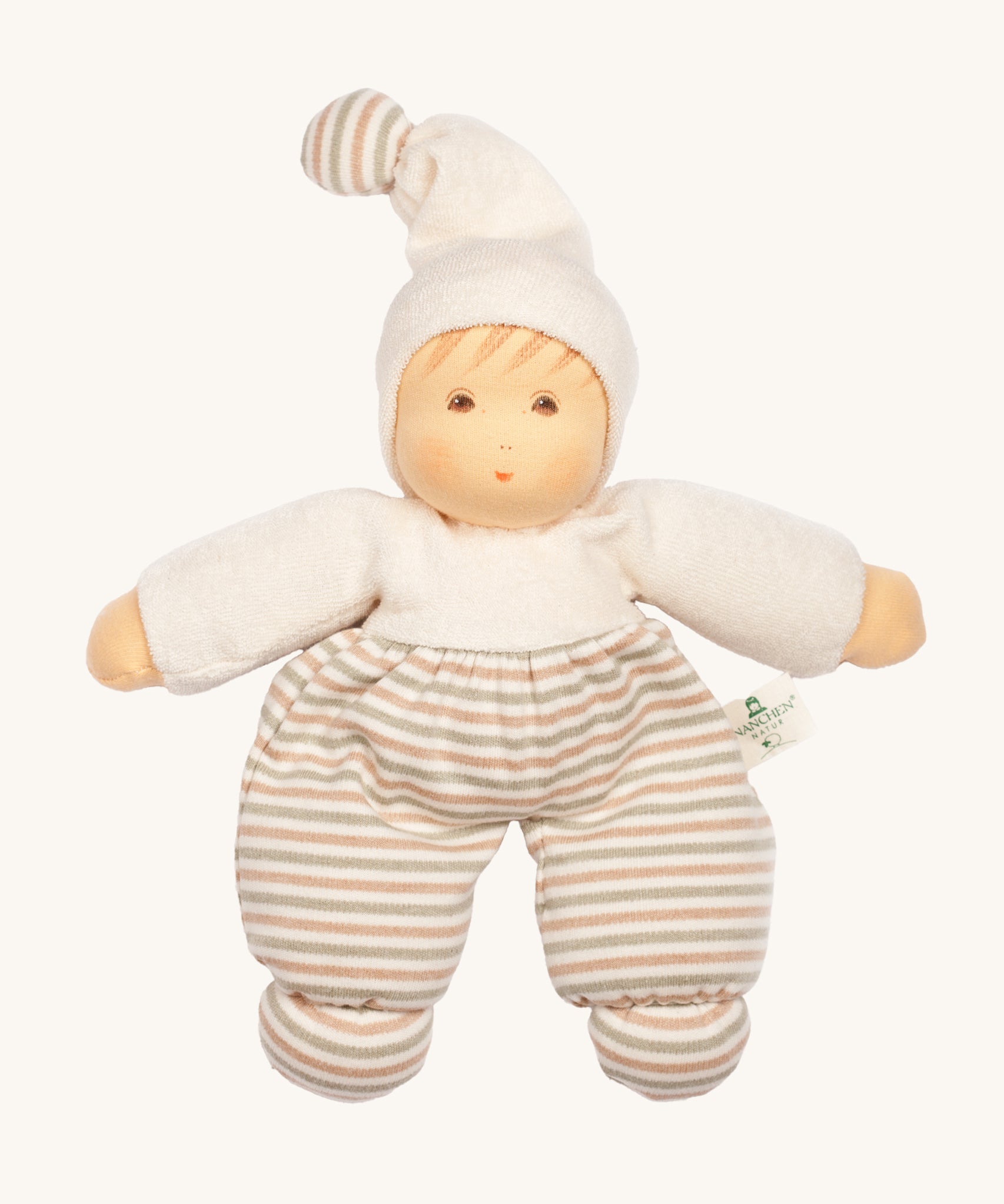 Nanchen Möpschen Waldorf Doll - Nature Stripes. A beautiful hand crafted doll with a white top and hat, a striped pair of trousers and a striped bobble on top of the hat