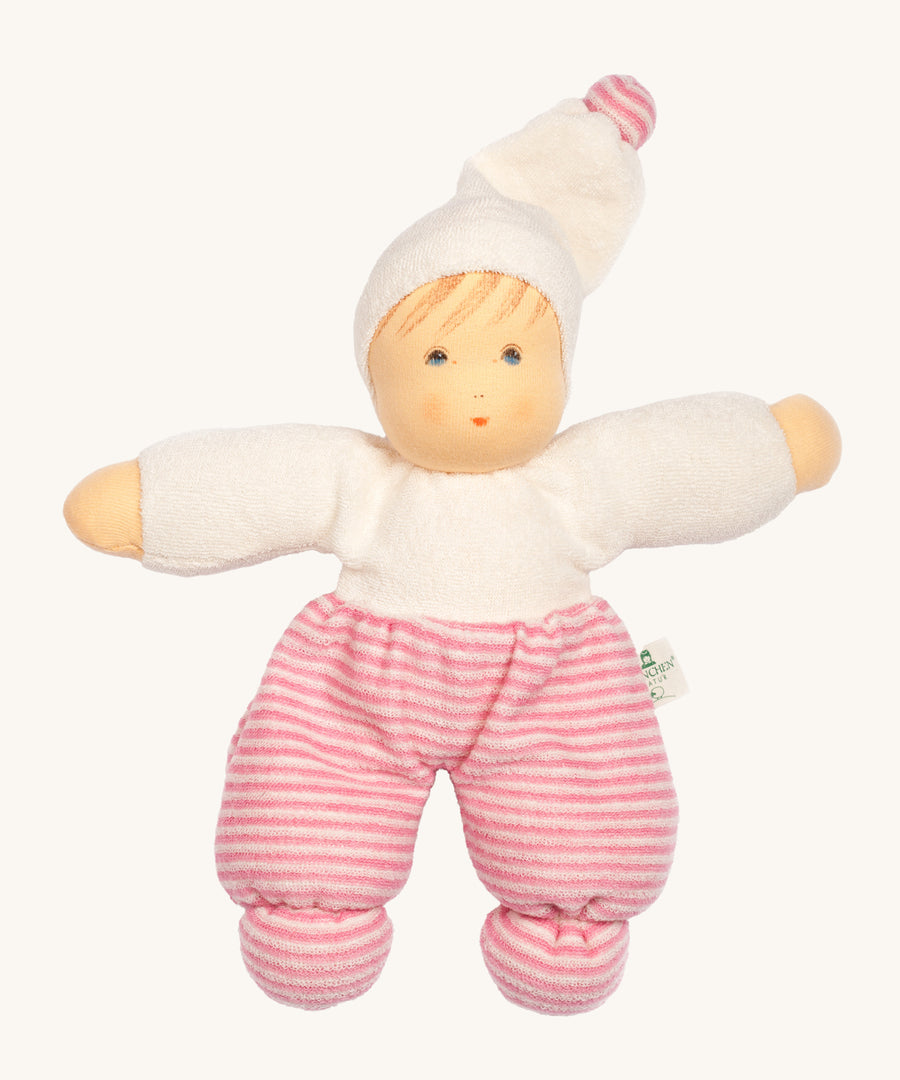 Nanchen Möpschen Doll - Pink Stripes. A soft, cuddly doll with pink stripe pants, a white top and a white hat with a pink stripe bobble on top