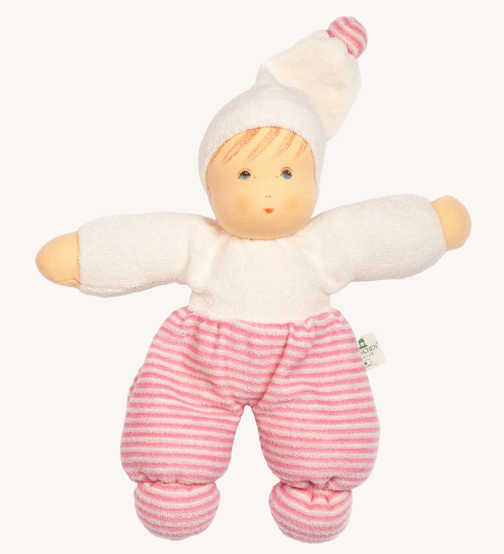 Nanchen Möpschen Doll - Pink Stripes. A soft, cuddly doll with pink stripe pants, a white top and a white hat with a pink stripe bobble on top