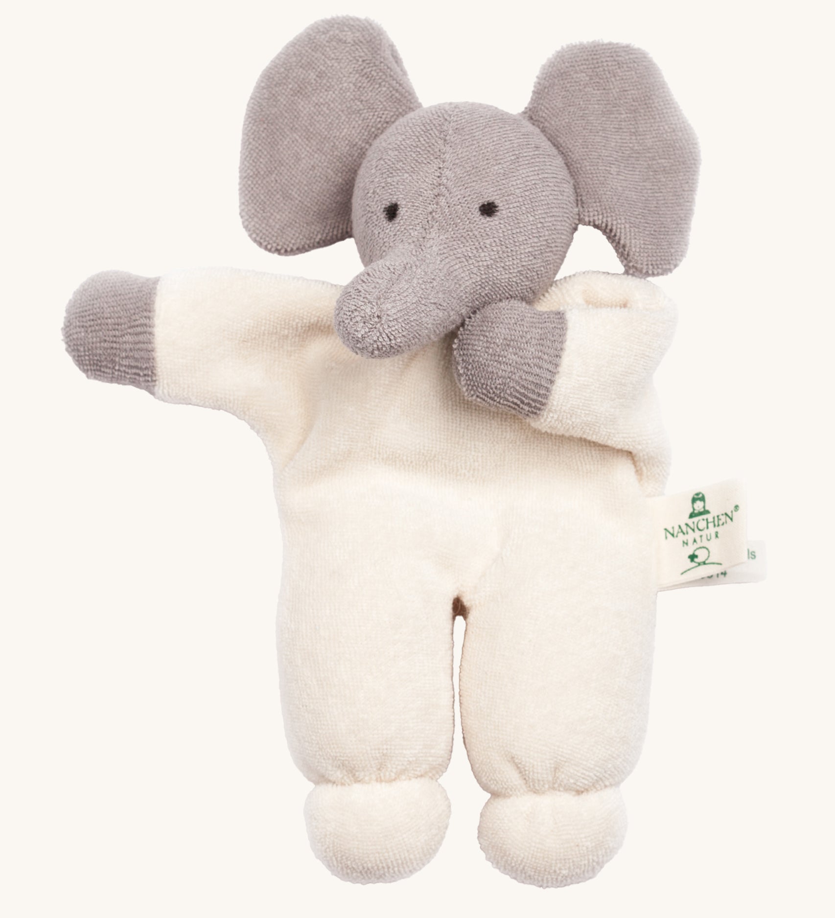 Nanchen Terry Teddy - Elephant. A soft body baby comforter toy made from terry material. This soft elephant toy has a white body and grey hands and head