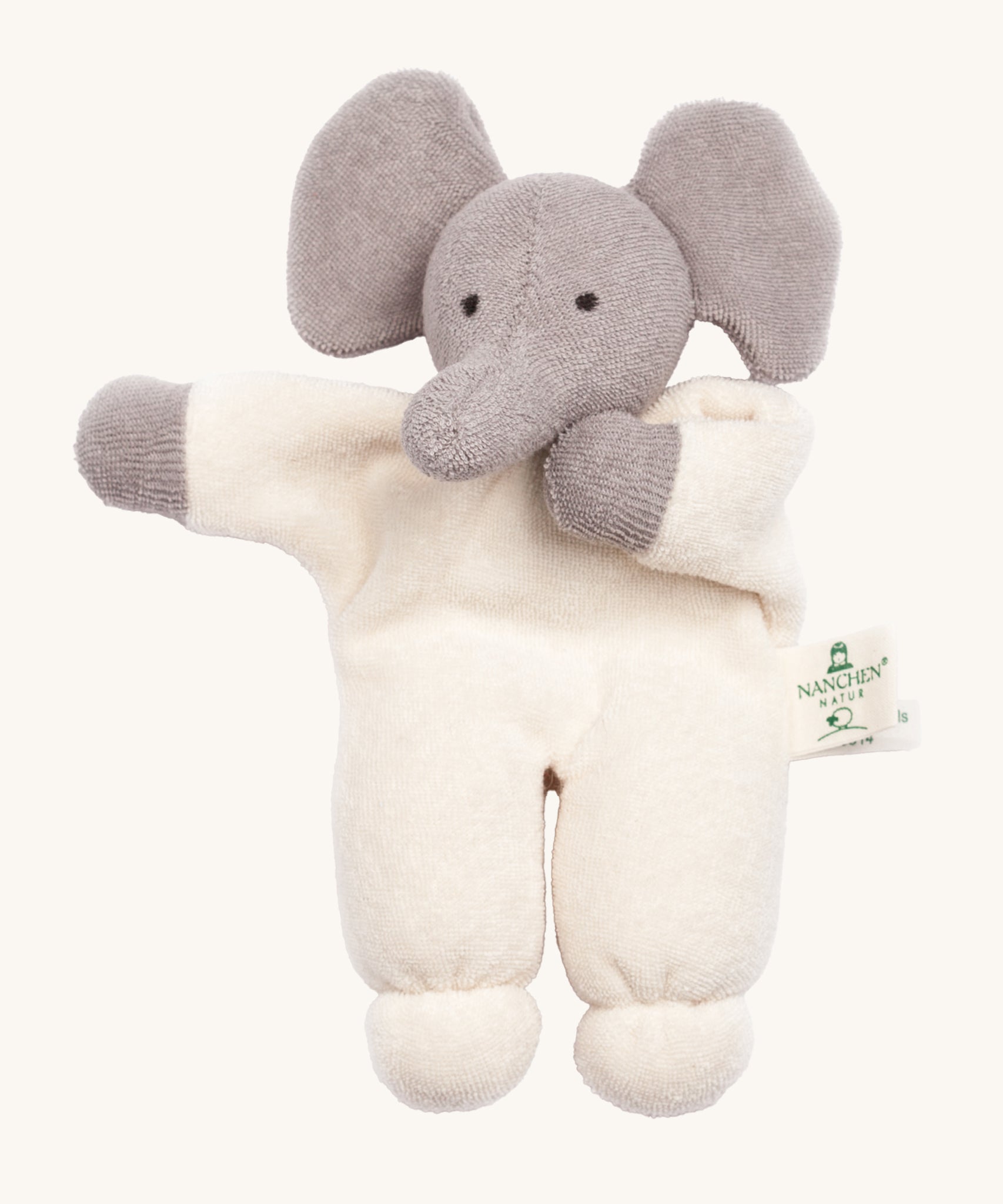 Nanchen Terry Teddy - Elephant. A soft body baby comforter toy made from terry material. This soft elephant toy has a white body and grey hands and head