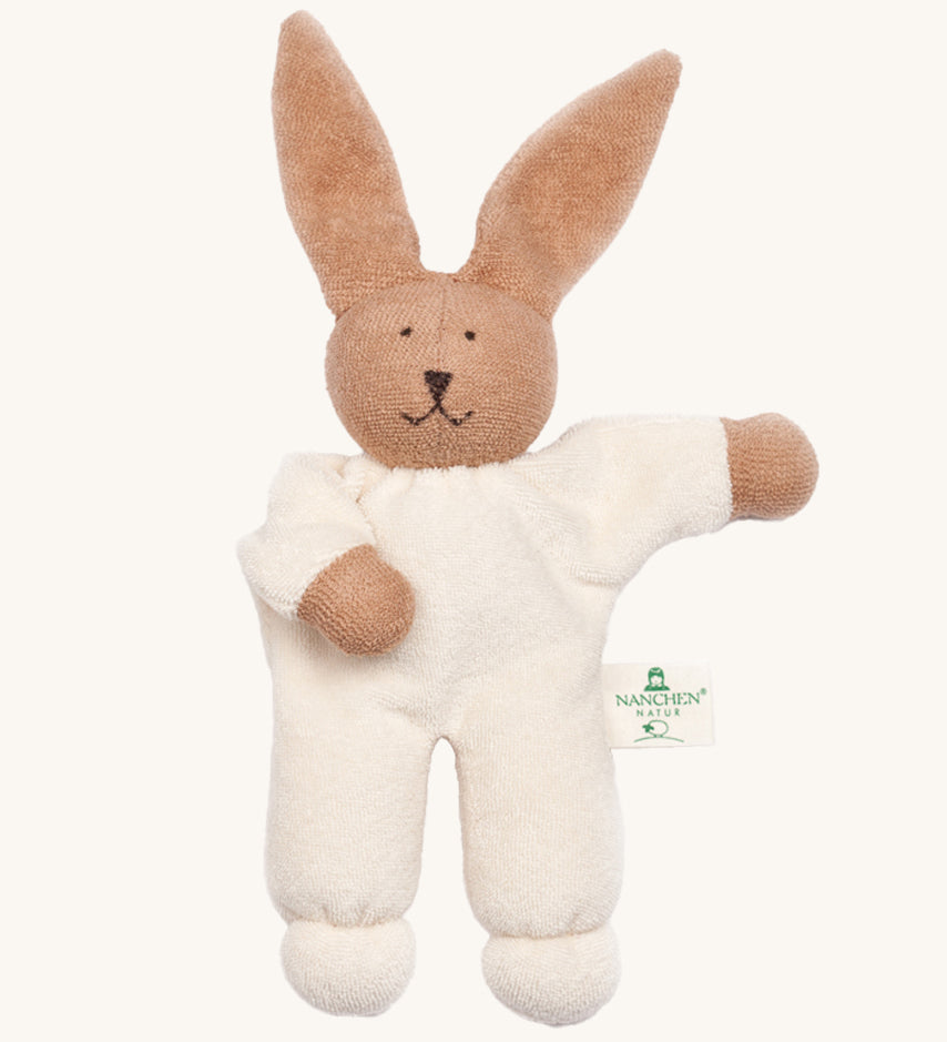 Nanchen Terry Teddy - Rabbit. A soft body baby comforter toy made from terry material. This soft rabbit toy has a white body and light brown hands and head