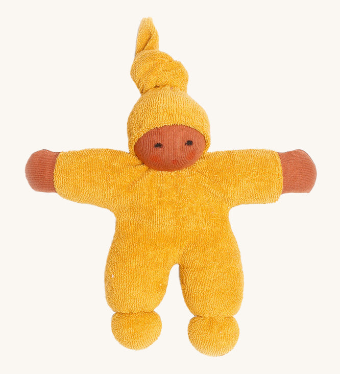 Nanchen Waldorf Pimpel Doll - Gold. A soft and cuddly doll in gold, made from terry fabric and with a little knot in the top of its hat