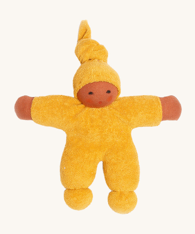 Nanchen Waldorf Pimpel Doll - Gold. A soft and cuddly doll in gold, made from terry fabric and with a little knot in the top of its hat