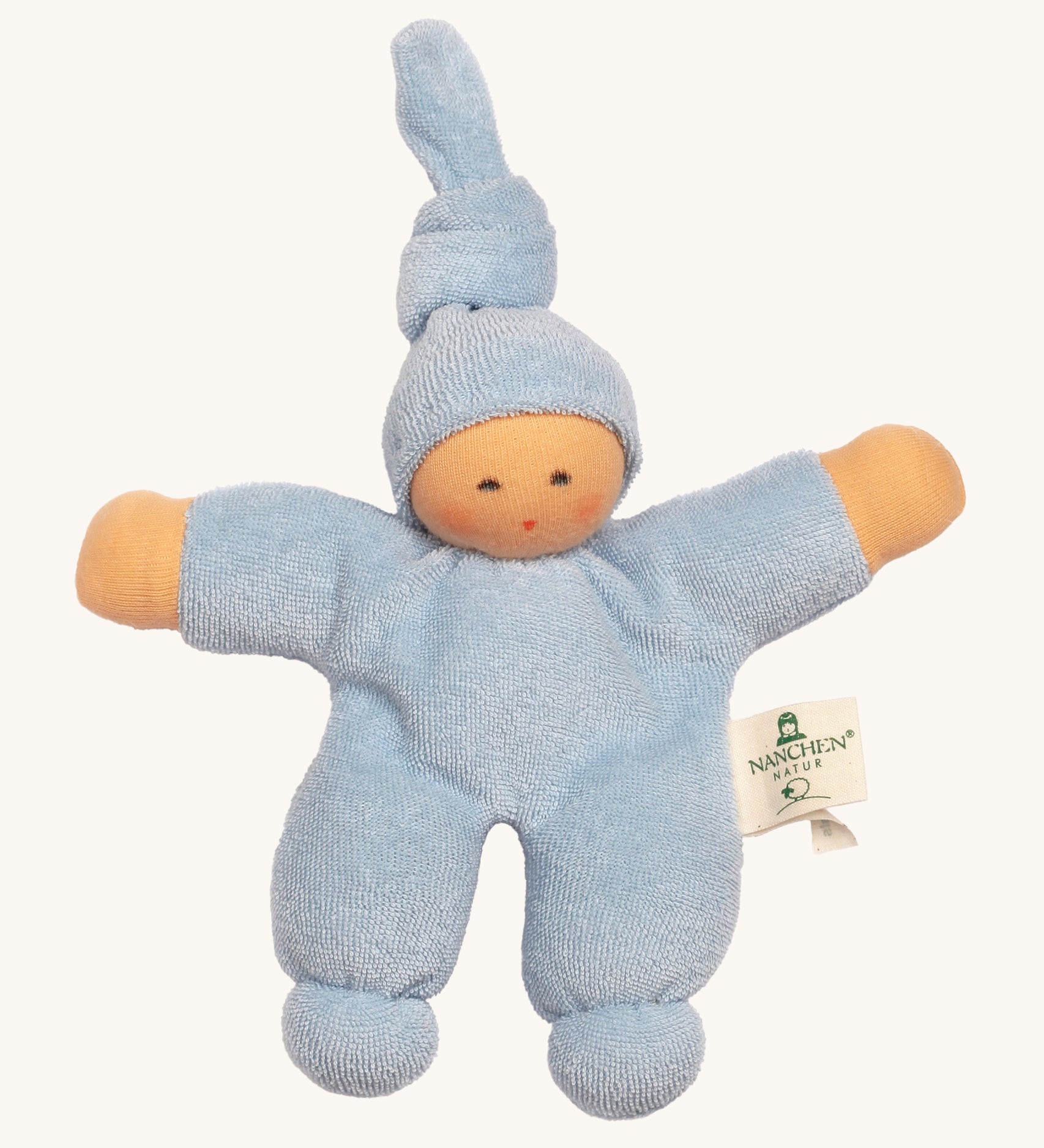 Nanchen Pimpel Doll - Light Blue. A soft and cuddly doll in light blue, made from terry fabric and with a little knot in the top of its hat