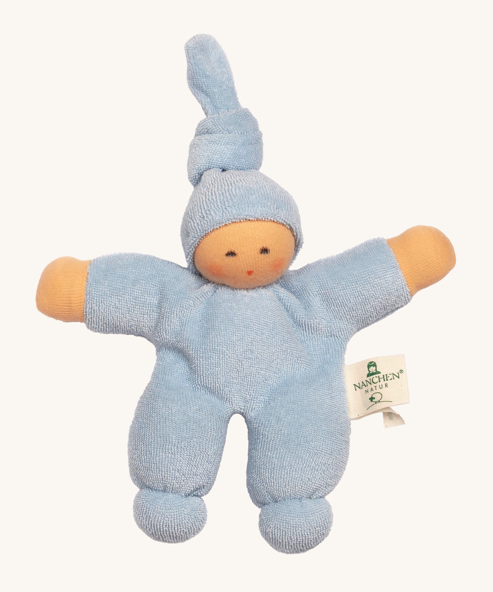 Nanchen Pimpel Doll - Light Blue. A soft and cuddly doll in light blue, made from terry fabric and with a little knot in the top of its hat