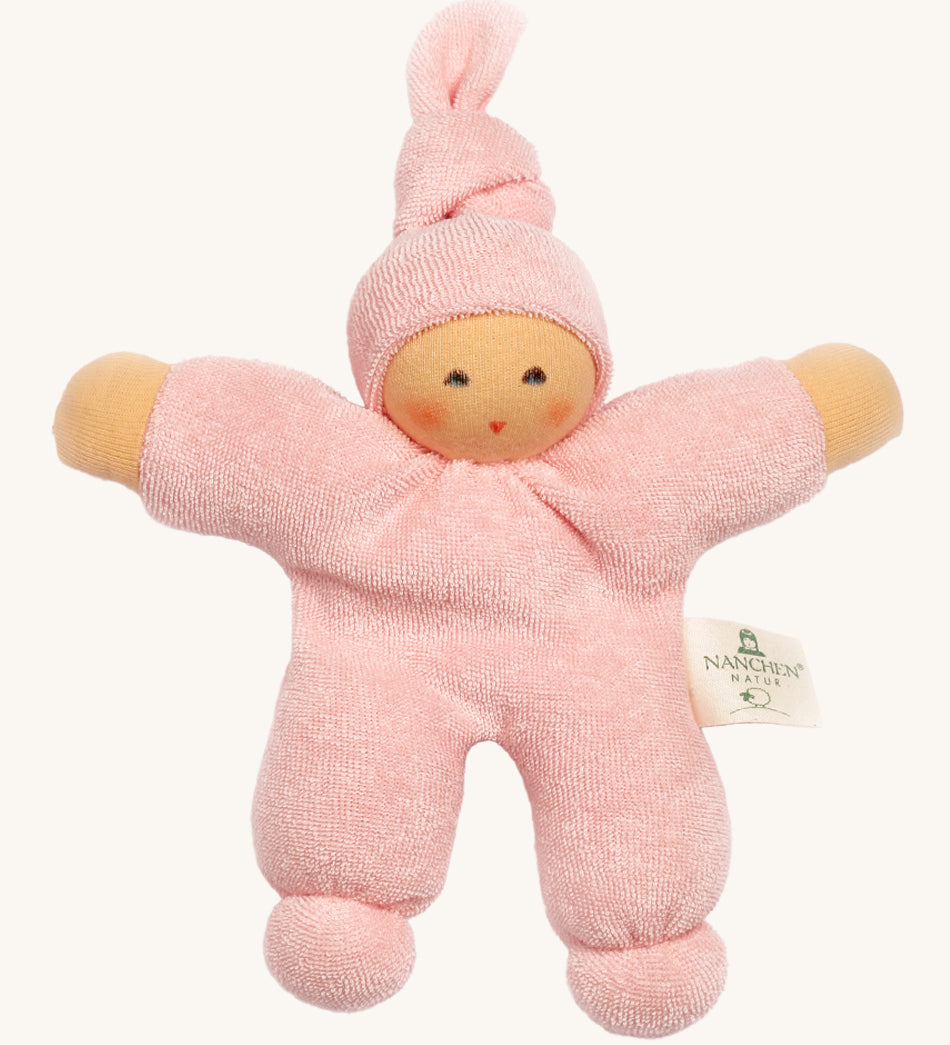 Nanchen Pimpel Doll - Pink. A soft and cuddly doll in light blue, made from terry fabric and with a little knot in the top of its hat