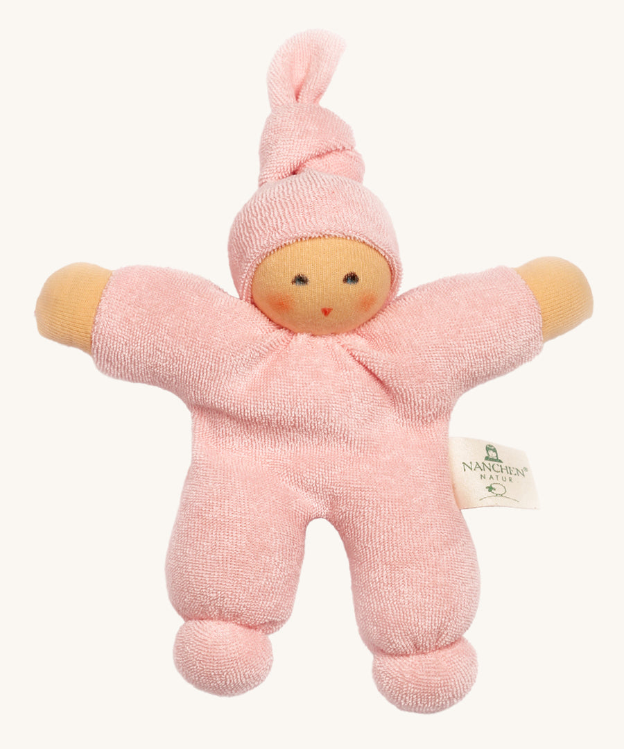 Nanchen Pimpel Doll - Pink. A soft and cuddly doll in light blue, made from terry fabric and with a little knot in the top of its hat