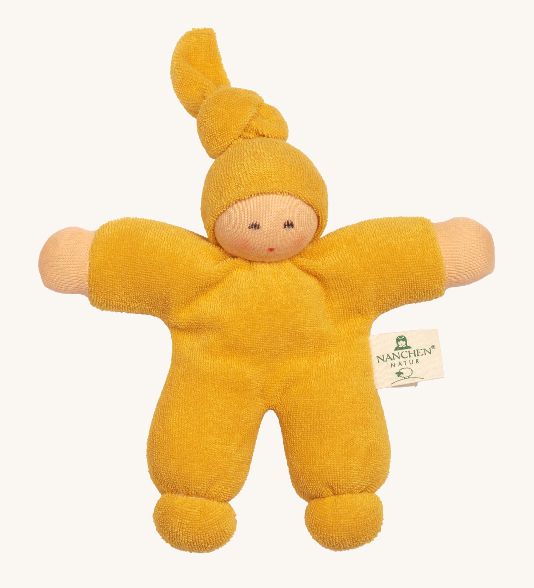 Nanchen Pimpel Doll - Yellow. A soft cuddly doll in yellow terry fabric, and a knot in the top of its hat