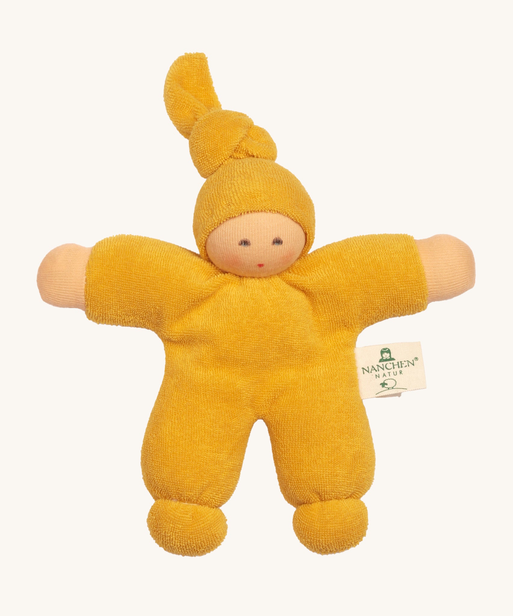 Nanchen Pimpel Doll - Yellow. A soft cuddly doll in yellow terry fabric, and a knot in the top of its hat