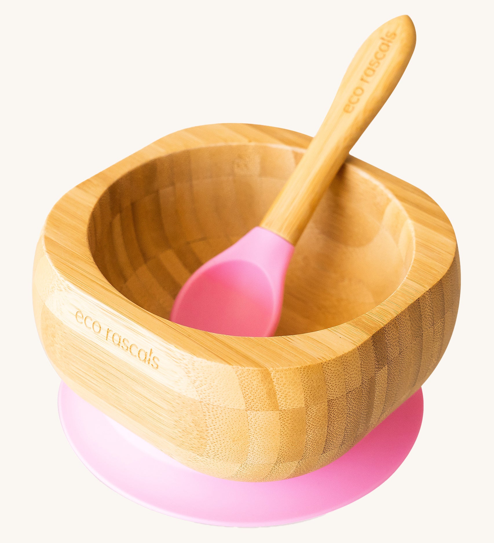 Eco Rascals Bamboo Bowl & Spoon Weaning Set in pink silicone.