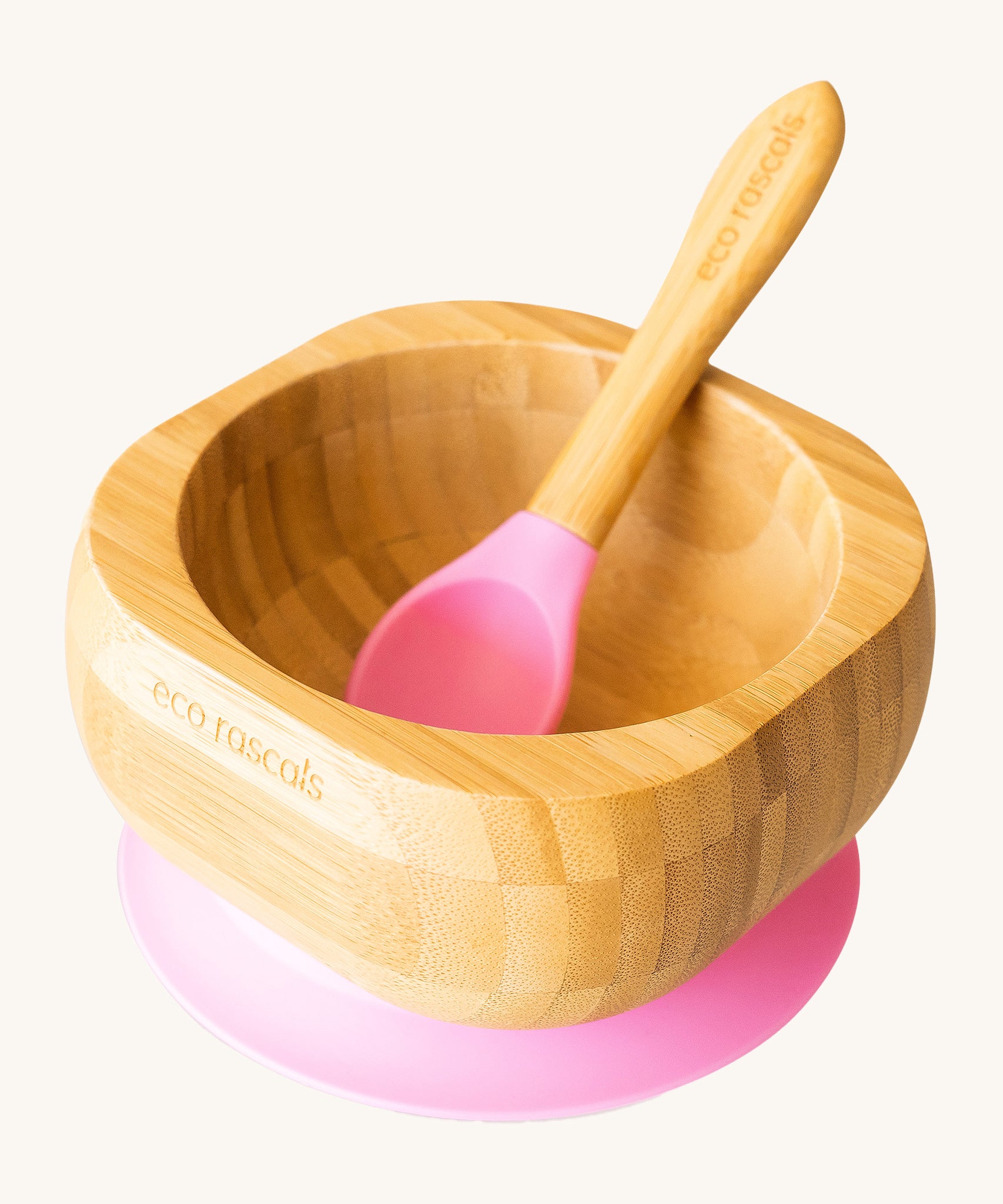 Eco Rascals Bamboo Bowl & Spoon Weaning Set in pink silicone.