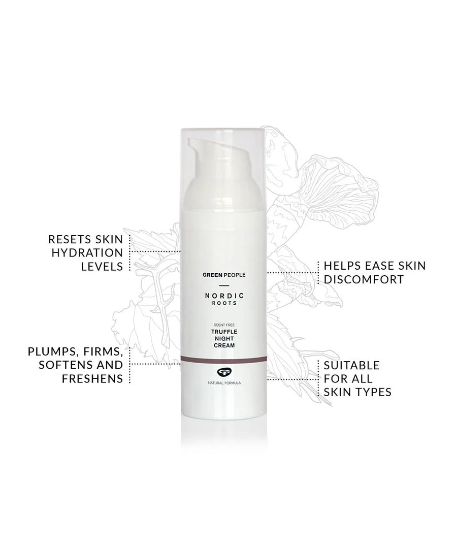 An info-graphic about the Green People Nordic Roots Truffle Night Cream. The text reads "resets skin hydration levels, helps ease skin discomfort, plumps, firms, softens and freshens, and suitable for all skin types"