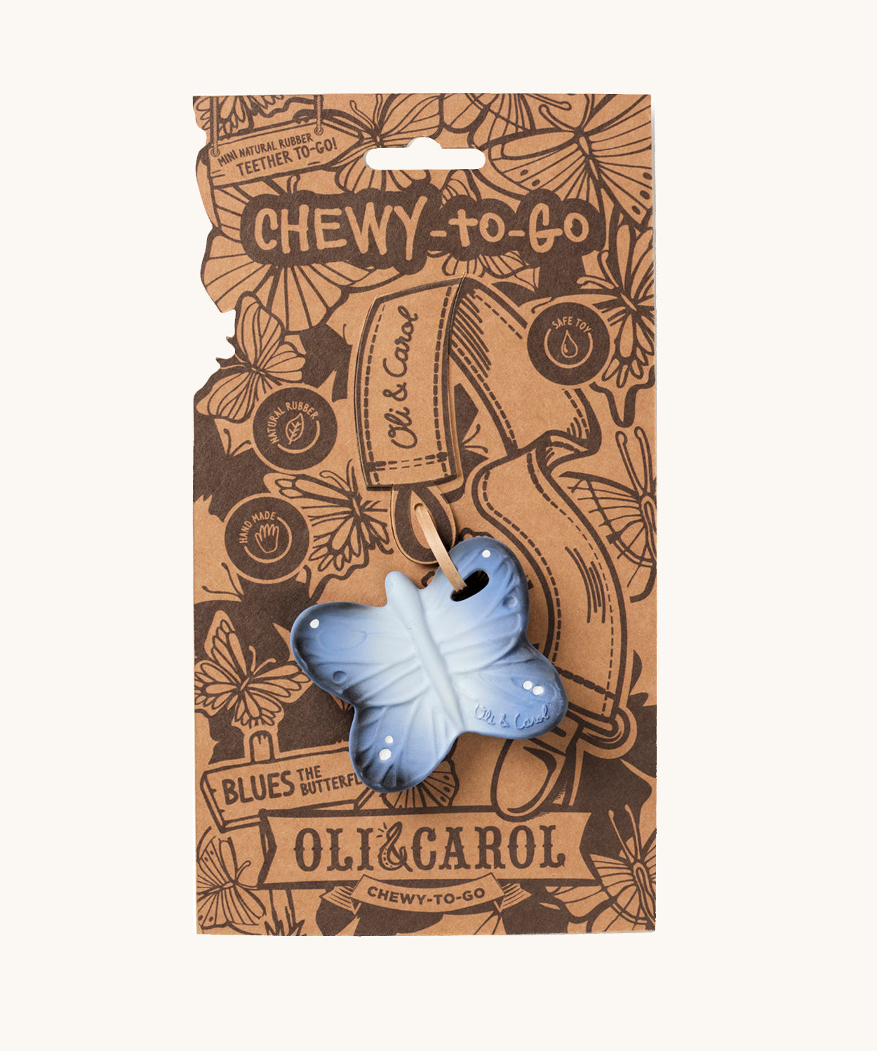 The Oli & Carol Natural Rubber Mini Teether - Blues The Butterfly, on its cardboard packaging slip