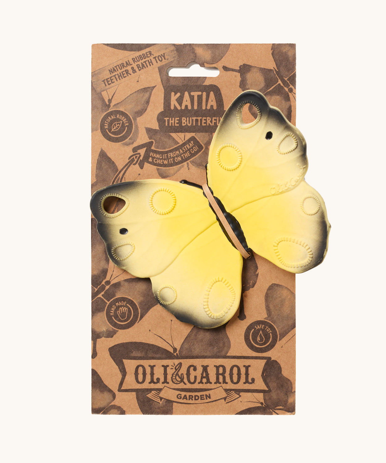 The Oli & Carol Natural Rubber Teether - Katia The Butterfly on its cardboard packing slip on a cream background