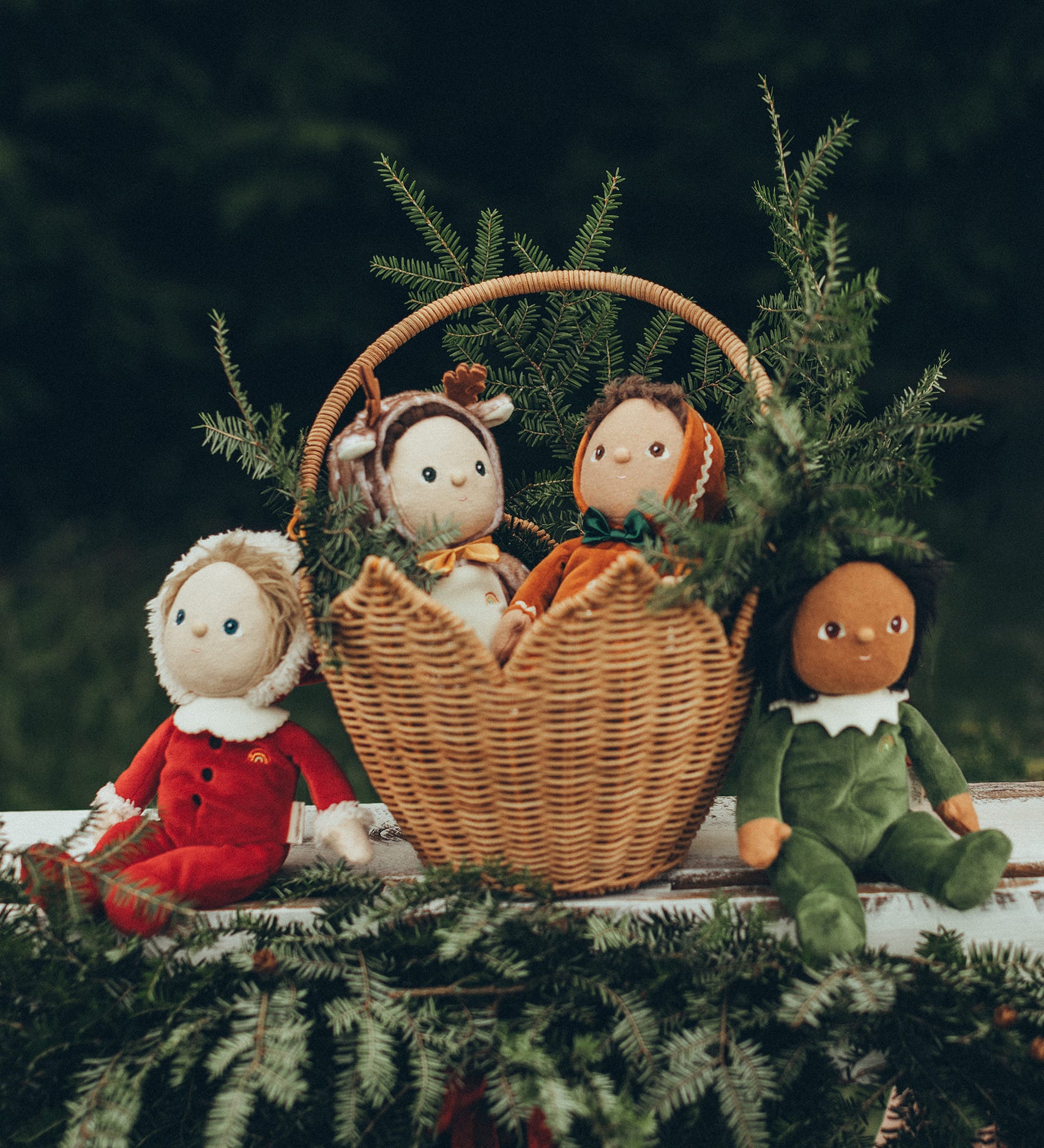 Four of the Olli Ella Jolly Dolly Dinky Dinkum Dolls are sat in and next to the Olli Ella Poinsettia basket in natural colour. Inside is Georgie Gingerbread and Riley Reindeer. Outside the basket is Paige Pudding and Sammy Santa. there are small pine tree branches inside the basket and along the bottom of the image to give a festive and decorative feel.