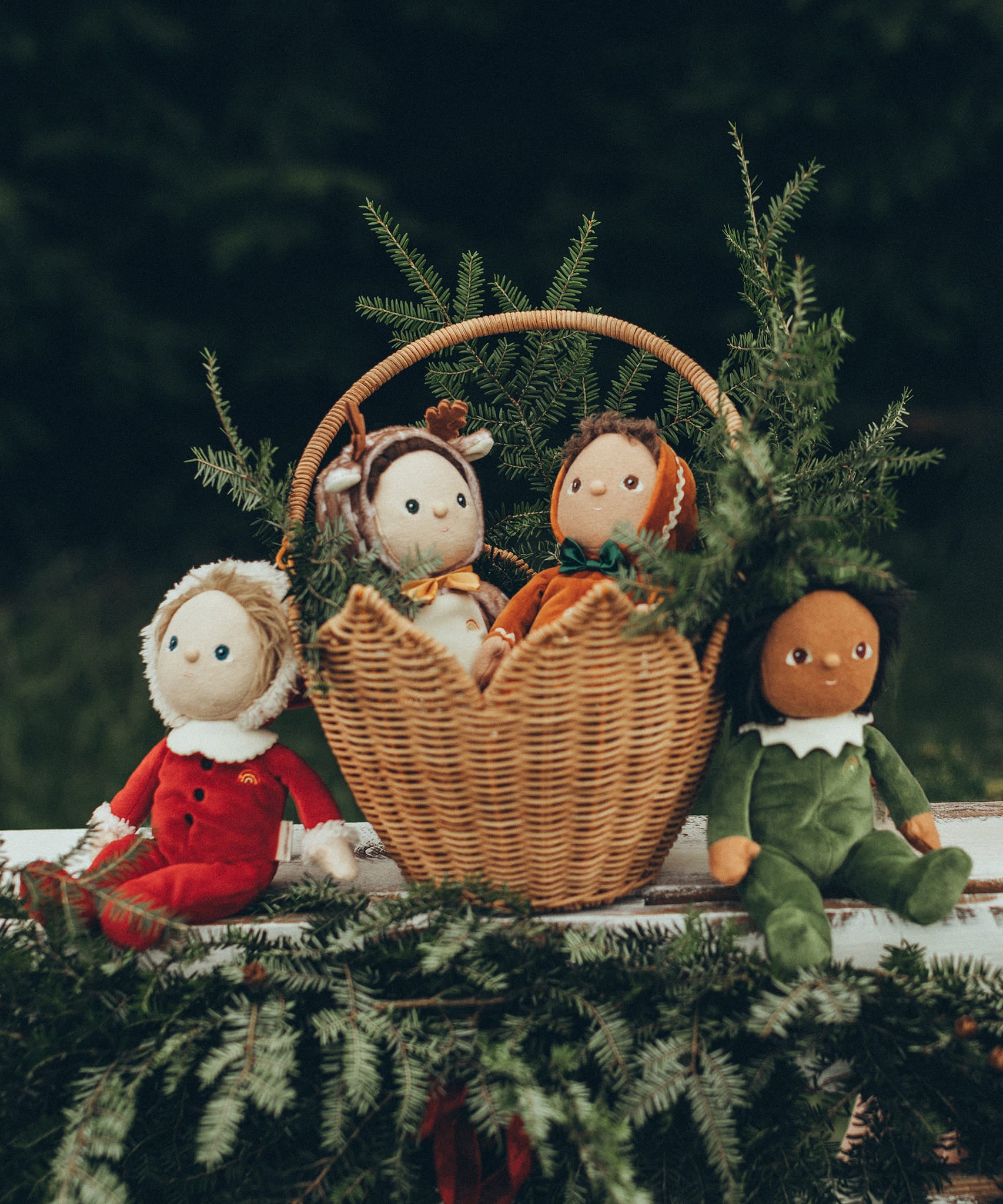 Four of the Olli Ella Jolly Dolly Dinky Dinkum Dolls are sat in and next to the Olli Ella Poinsettia basket in natural colour. Inside is Georgie Gingerbread and Riley Reindeer. Outside the basket is Paige Pudding and Sammy Santa. there are small pine tree branches inside the basket and along the bottom of the image to give a festive and decorative feel.