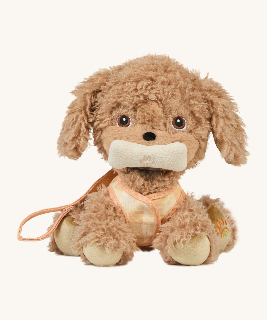 The Olli Ella Dinkum Dog - Goldie is wearing their harness and is holding their plush toy bone in their mouth