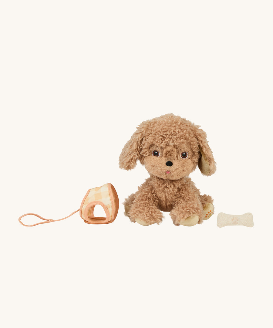 Olli Ella Dinkum Dog - Goldie with their peach/coral harness and plush toy bone either side 