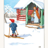 An image of Ollie Skiing past him home while his parent and sibling are stood by the doorway