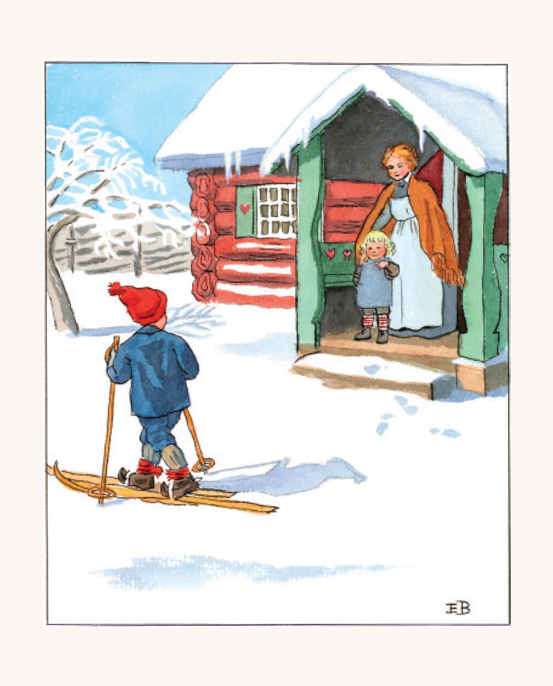 An image of Ollie Skiing past him home while his parent and sibling are stood by the doorway