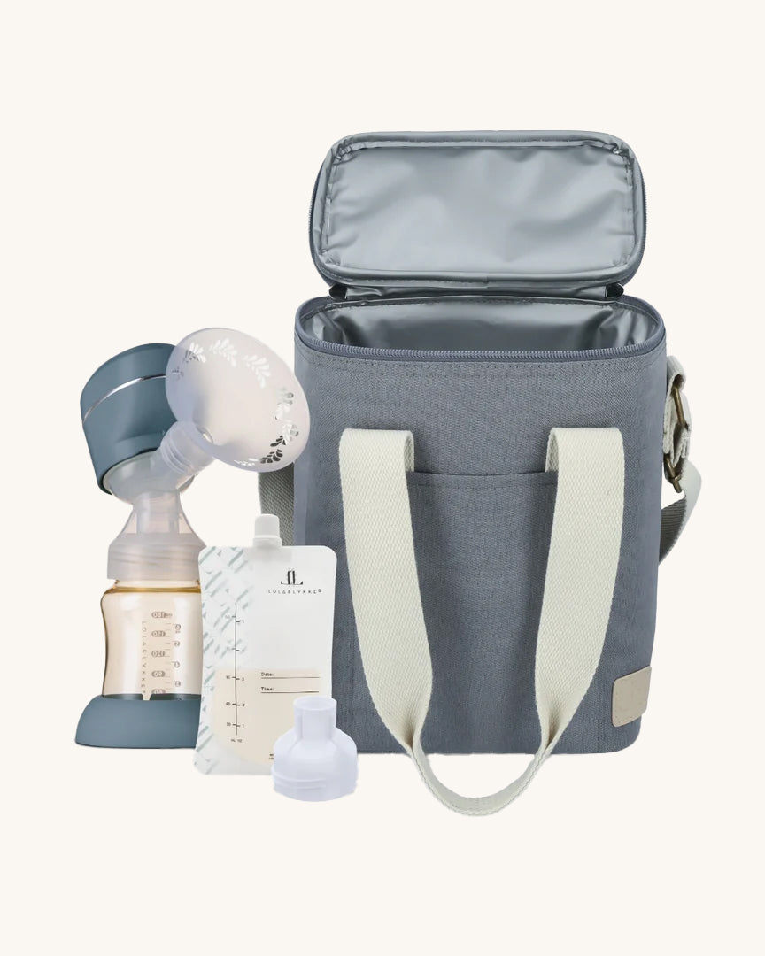 Lola & Lykke Pump On The Move Set which includes a milk cooler bag, electric smart pump, milk bag and attachment. Perfect for when you're on the go