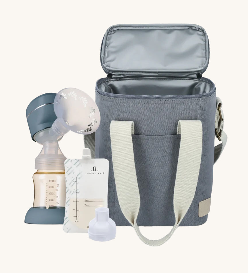 Lola & Lykke Pump On The Move Set which includes a milk cooler bag, electric smart pump, milk bag and attachment. Perfect for when you're on the go