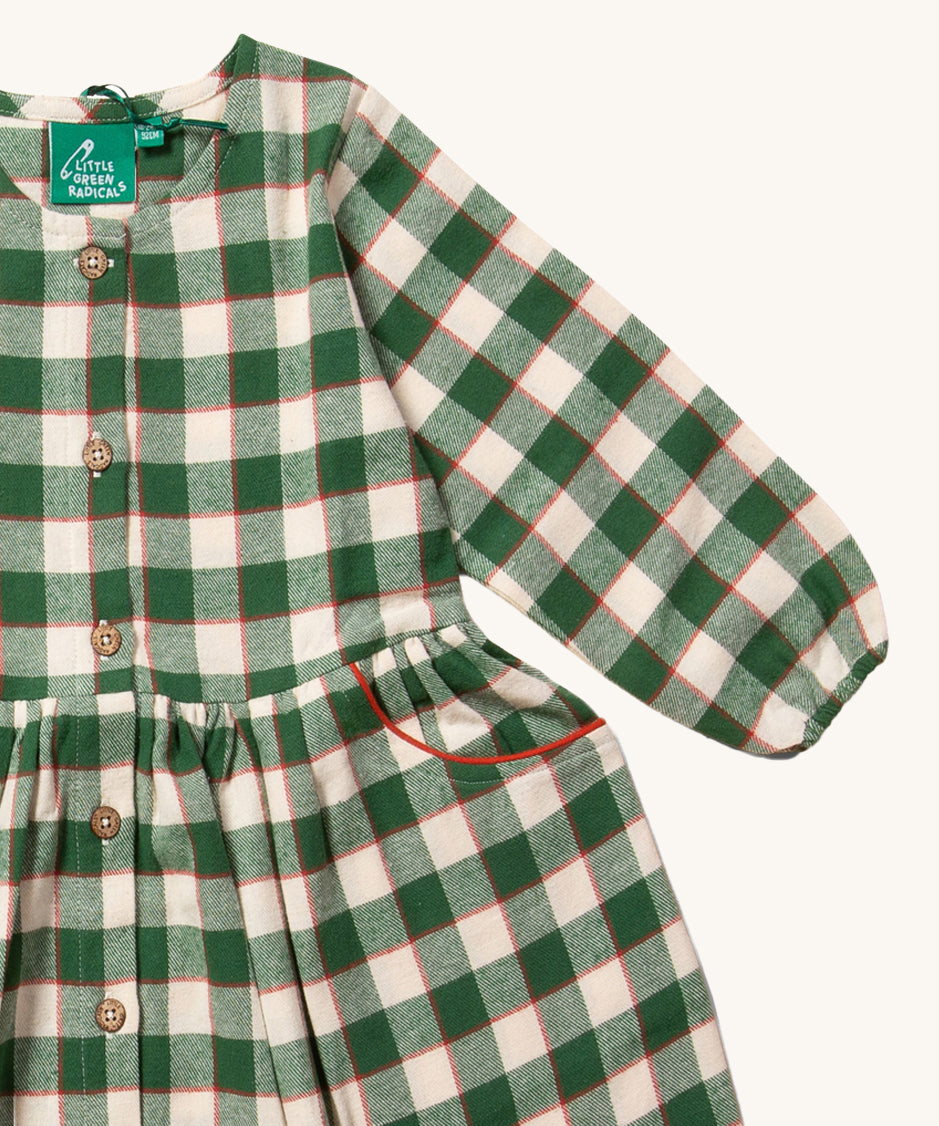 A closer look at the green check print, buttons and pocket with red piping detail on the Little Green Radicals Check Pocket Dress - Fern Green