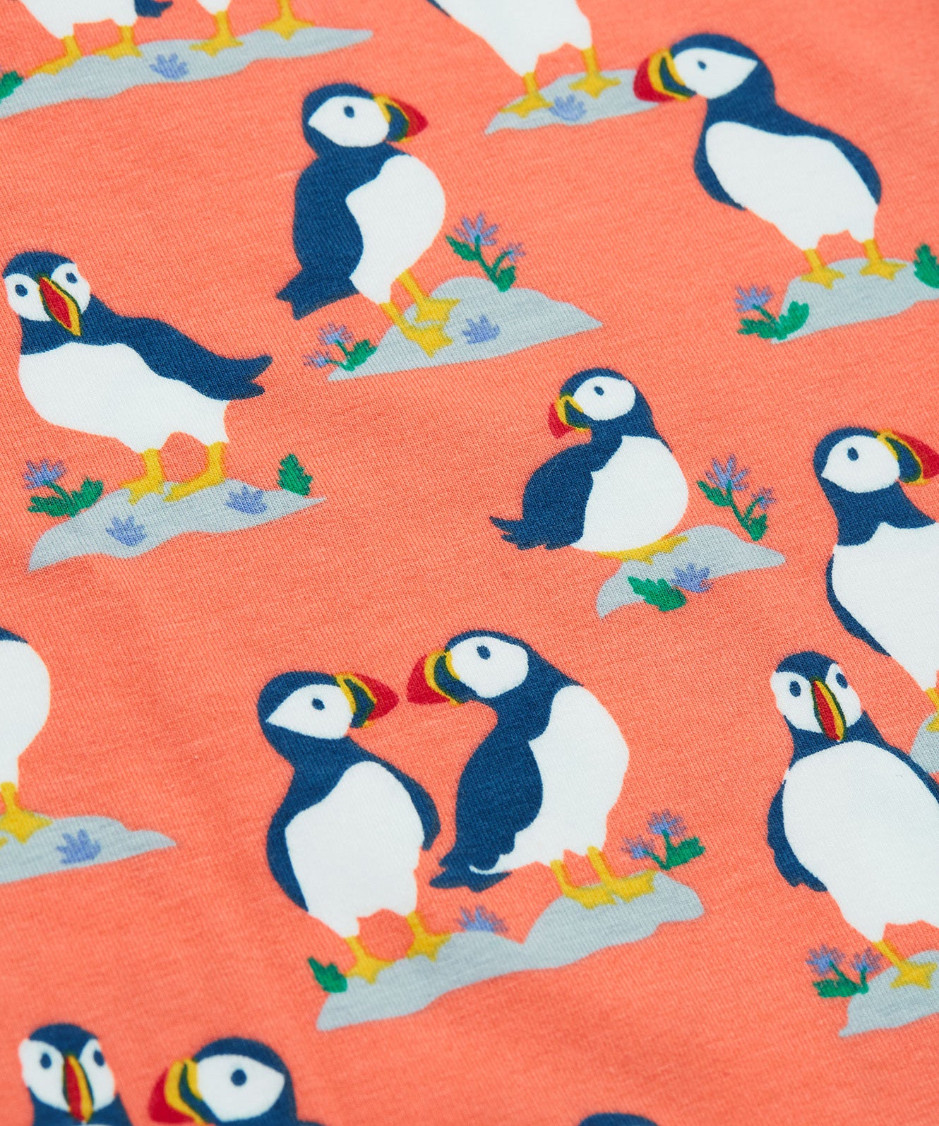 The cute Frugi puffin print on the Frugi Bryher Top - Puffin Pals