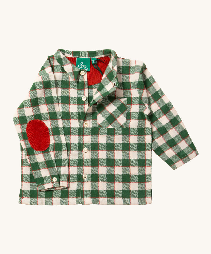 The Little Green Radicals Check Long Sleeve Shirt - Fern Green, showing the red cord elbow patches on the shirt sleeves