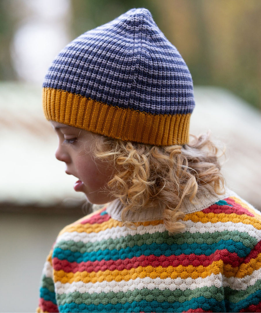 A closer look at the blue stripe detail and yellow brim on the Dreamy Blue Knitted Beanie Hat