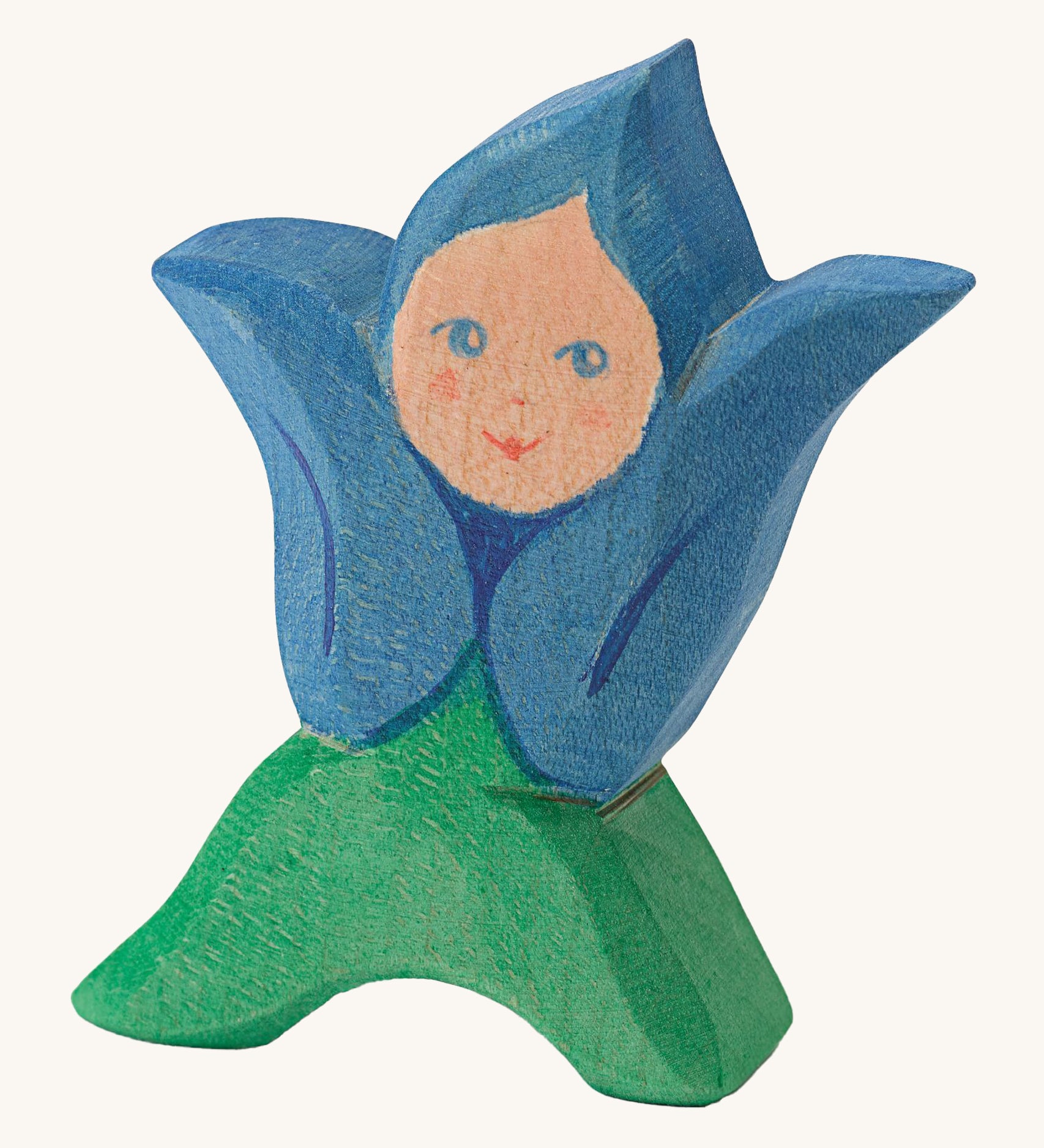 Ostheimer Wooden Flower Child Gentian. Handmade and crafted flower child in a blue painted tulip designed cape and green dress