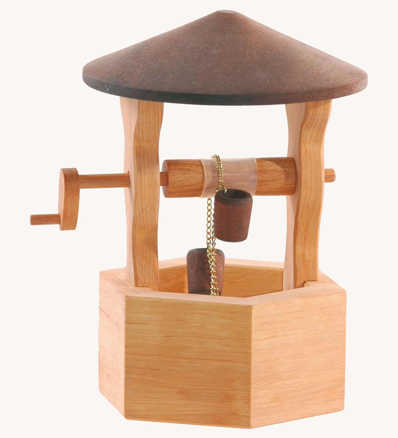 Ostheimer handmade, wooden wishing well with a dark brown wooden roof. This wishing well has a moving handle which pulls two small wooden buckets up and down on a gold metal chain