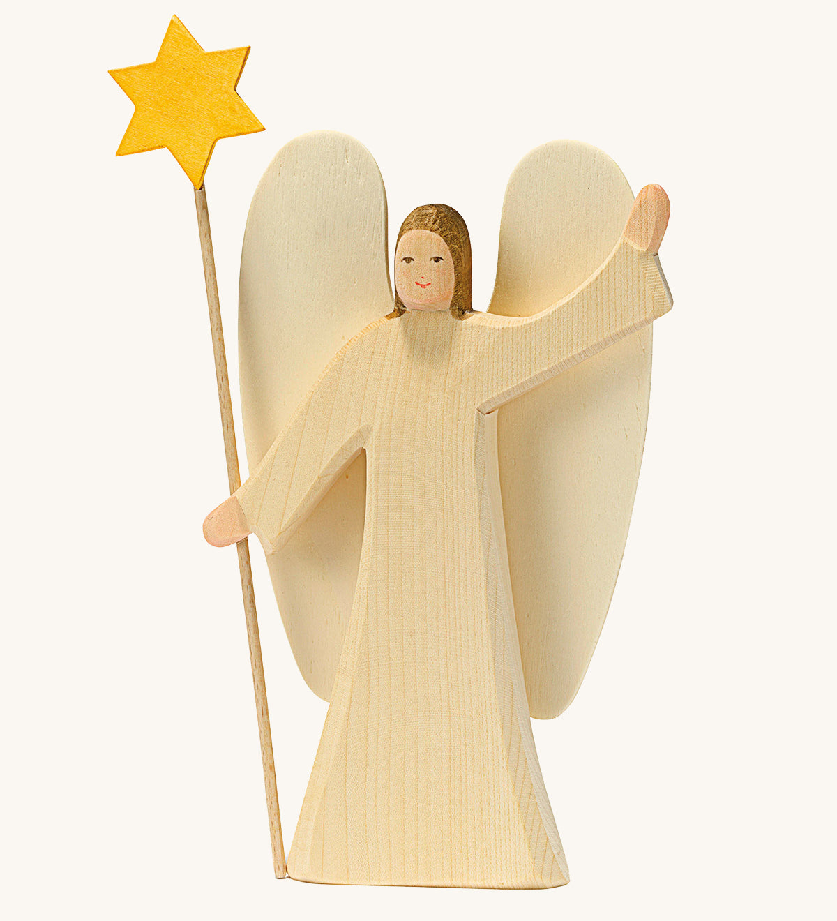 Ostheimer Angel With Star. This festive angel has two large wings on its back, and the star is being held on top of a long thin piece of wood